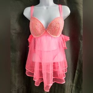 Victoria's Secret Neon Pink Embellished Bust Full Skirt Babydoll and Bottom